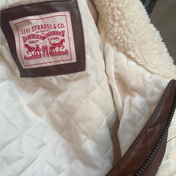 LEVI’S FAUX SHERPA & LEATHER DETAIL MOTO COAT TEDDY BEAR JACKET WHITE BROWN SZ L - Picture 11 of 12